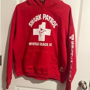 Red Shark Patrol Hoodie Mens Sz XL Front Double Pocket 26 pit2pit 25 sholdr2hem